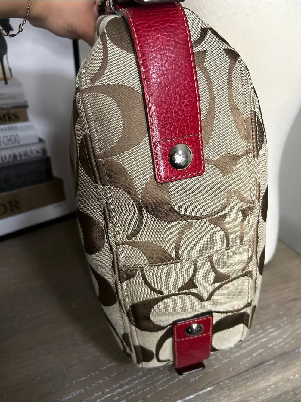 Coach Zoe Signature C Hobo Shoulder Bag  Khaki Jacquard Red Leather Trim
